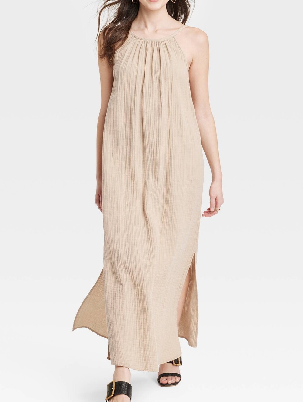 Universal Thread Womens Medium Tan Gauze Scoop Back Maxi Shift Dress Side Slits